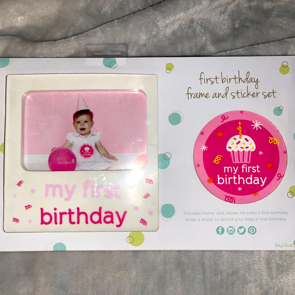 Brand new in box, pink first birthday frame & sticker set